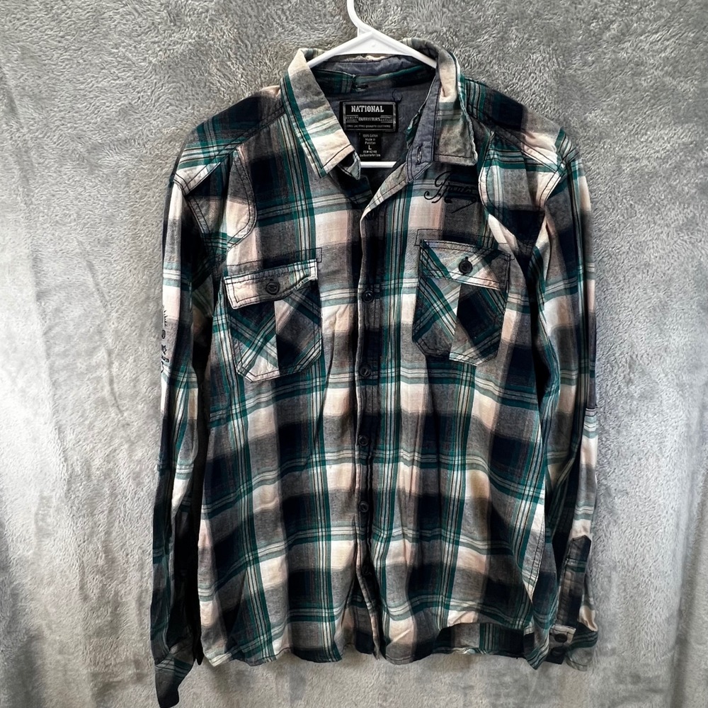 National Outfitters‎ Mens L Teal Plaid Skull Embroidered Button Up Flannel Goth